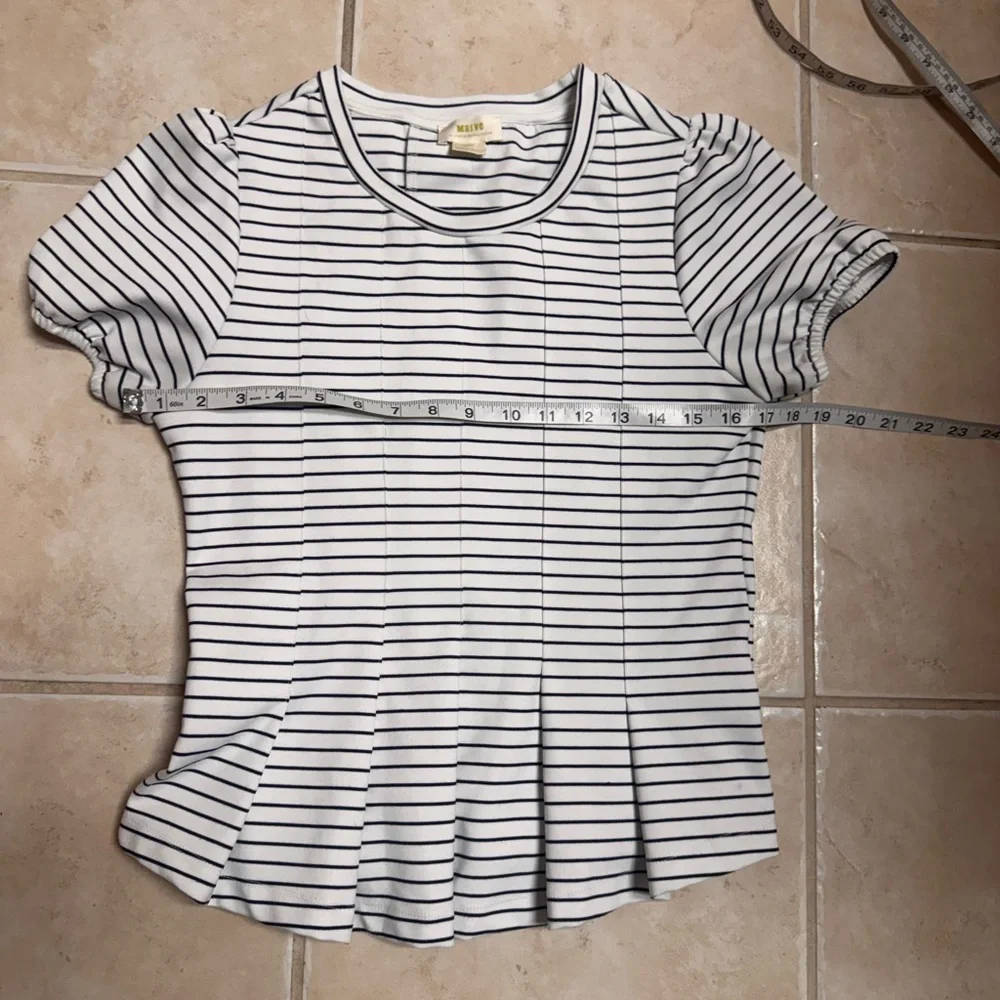 Maeve by Anthropologie Corset Peplum Puff Sleeves Striped Top